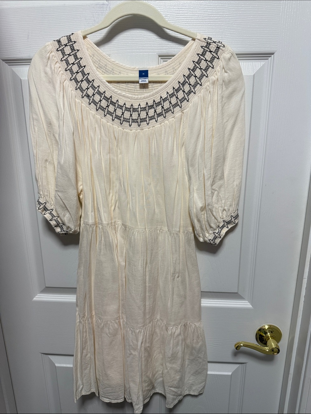 Old Navy Cream Peasant Mini Dress with Black Embroidery
